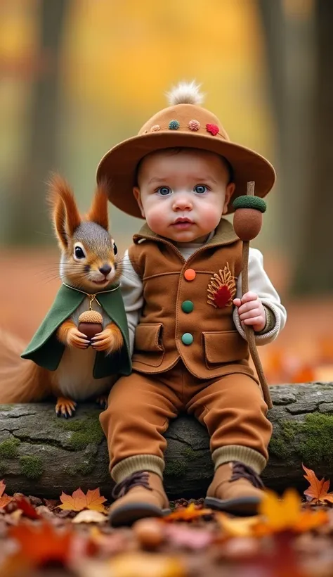 A whimsical autumn forest scene featuring a baby and a squirrel, both seated on a mossy log and facing the camera, dressed in matching woodland-inspired outfits. The baby wears a cozy, earth-toned outfit resembling a forest ranger’s uniform, complete with ...