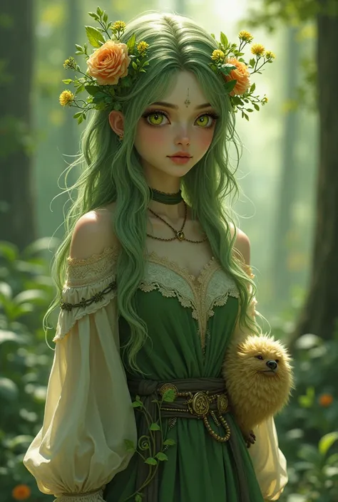  A young woman with pale green skin and hair entangled with flowers and leaves.  Her eyes have a golden glow , and she always walks barefoot . Forest Sorceress ,  always with animals behind her and taking care of her.