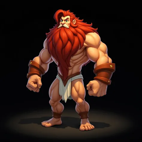 strong man, adult, fair skin, green eyes, red long hair and beard, lion beard, entire body, dressed with white loincloth, based on mortal kombat video game, black background, disney 2d animation style