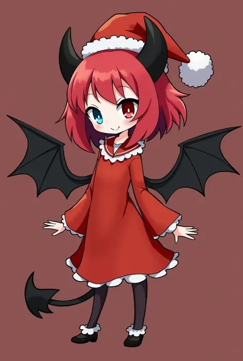 Cuddly Succubi;  red hair;  one light blue eye and one red eye; Christmas hat 