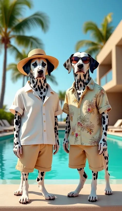 "Two Dalmatian dogs standing upright, dressed like wealthy vacationers in stylish resort attire. One wears a white linen shirt with beige trousers and a straw hat, while the other sports a flowy floral shirt with sunglasses. They are posing confidently in ...