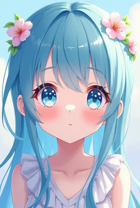 A beautiful anime-style girl with a tsundere expression, radiant aquamarine-themed design, with glossy, translucent skin that glows softly. Her long, flowing hair adorned with delicate mimosa and primrose flower hair ornaments, representing March’s birth f...