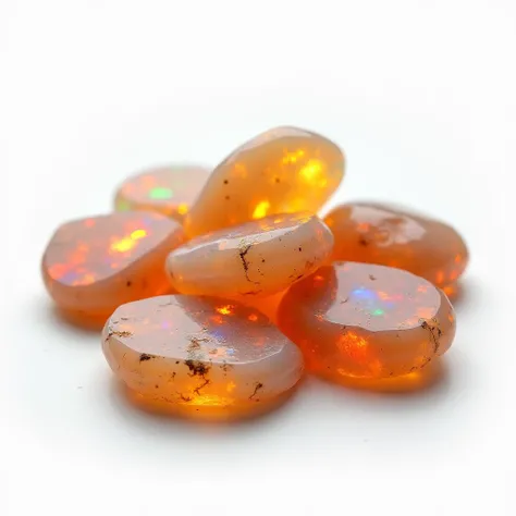 UNTREATED FIRE OPAL pebbles on a white background,  photorealism 