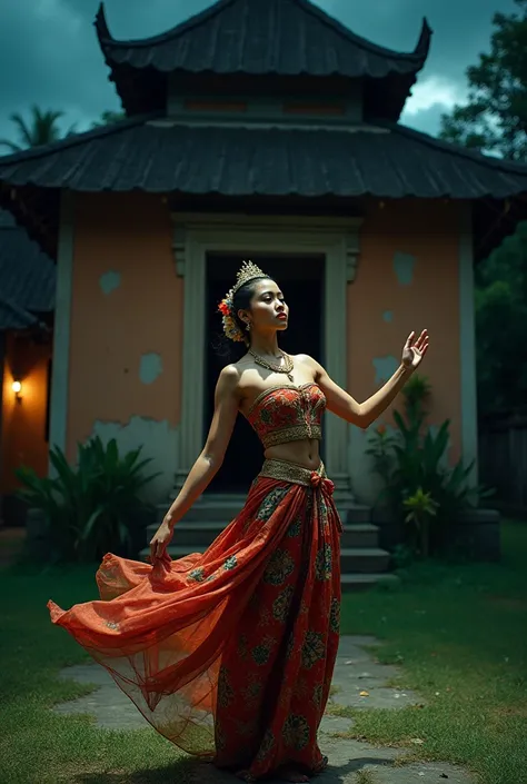 Wide view photography , a beautiful Indonesian girl wearing traditional balinese clothes,  featuring a mystical traditional dance , old house background with mystical aura at night 