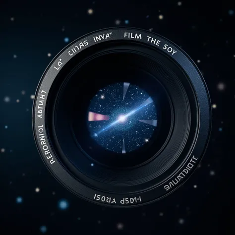 
A camera lens that reflects a starry sky and entertainment icons at its center. The edge of the lens could have stylized phrases or symbols from films and series.