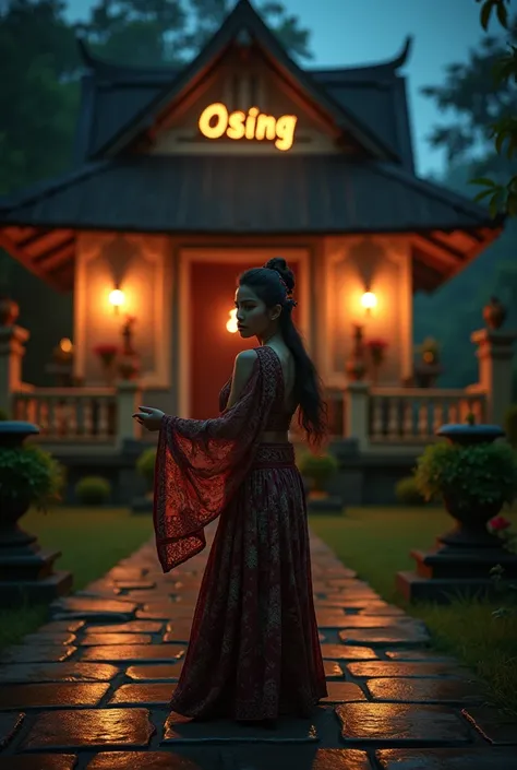 Wide view photography ,  a beautiful Indonesian girl wearing traditional balinese clothes,  featuring a mystical traditional dance ,  the background of an old house reads  "OSING"with a mystical aura in the night 