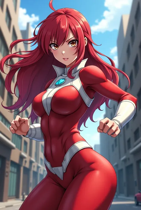 My Hero Academia Style , Anime girl, female, young female ,Full Body Shot,(fighting Pose:1.3),Long hair, Red Hair,  Brown Eyes,Hero Suit, Full Body Suit, red suit with white details,small round blue jewel in the center of the chest, perfect anatomy,  Tough...