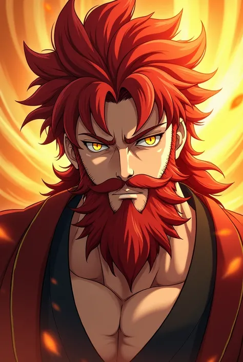 Paint a picture of a redheaded anime boy with red full beard ,  yellow eyes he should be well trained it should be the kind of style from the staff series and his persona should be based on the sun.