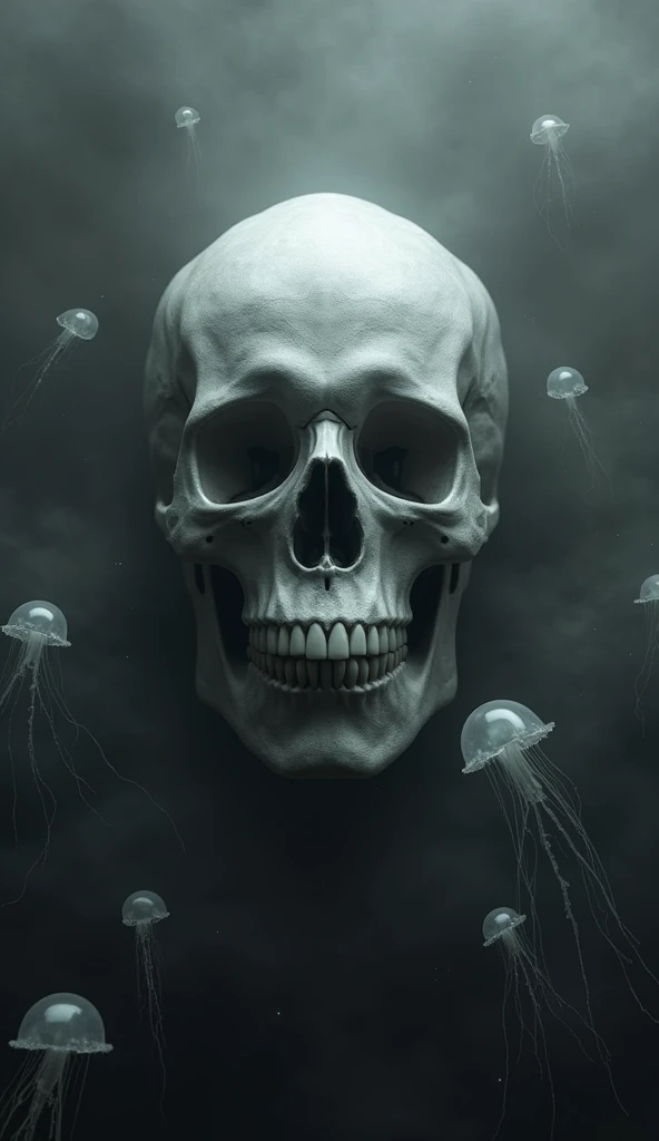 The image features the words: “DELIRIUM VFX”, over a skull on the background of a dark sea with holographic jellyfish floating around it. The use of black and white enhances the dramatic and noir atmosphere, and the fog adds an element of melancholy and de...