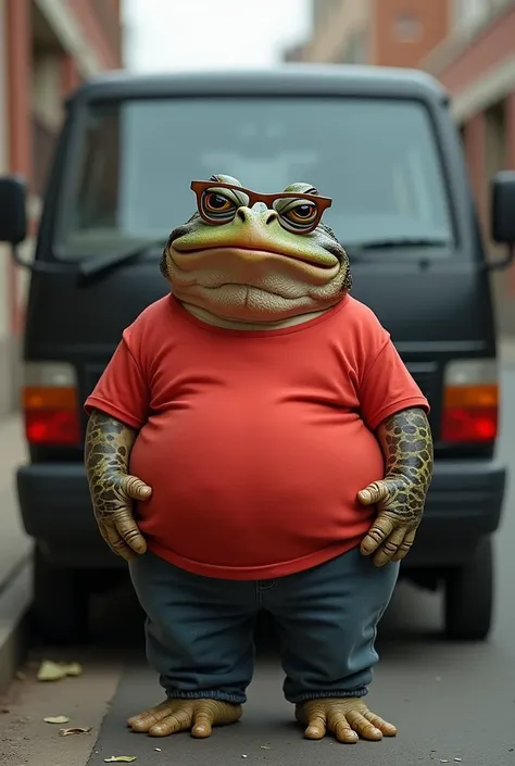  draw me an old fat toad , standing in a red shirt ,  with an angry face , Who wears ordinary glasses ,  that is busty and behind him a black Toyota van