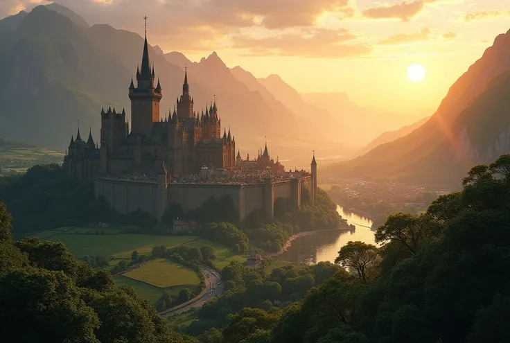 view of the grand Kingdom of Arvendale, nestled between lush green hills and rolling plains. The kingdom is surrounded by high stone walls, with tall towers and a majestic royal castle at its heart. The castle’s spires rise into the sky, gleaming in the su...