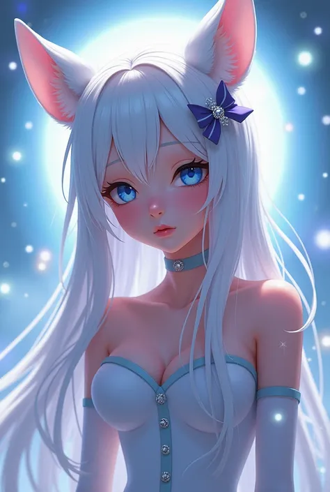 1 fille,  long hair, Oreilles dAnimal,  Crystal Earrings, Breasts, blue eyes, Closed Mouth, shy, Ribbon, Rayons divins, Animated, 
