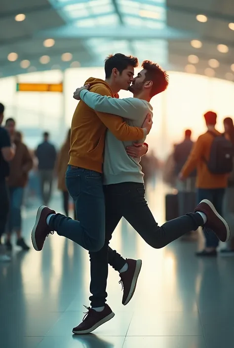  Create a young man who finds his partner another young man, by jumping into her arms at the airport 