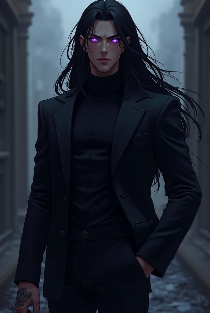 Tall long black hair, male, anime, dark skin, suit, purple eyes, hand tattoo