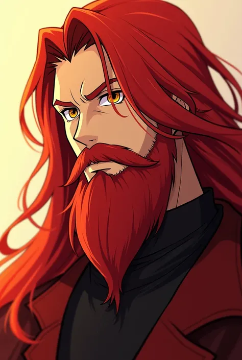 Draw a picture of a long-haired ,  redheaded anime boy with a red full beard,  yellow eyes he should be well trained it should be the kind of style from the staff series and his persona should be based on the sun.