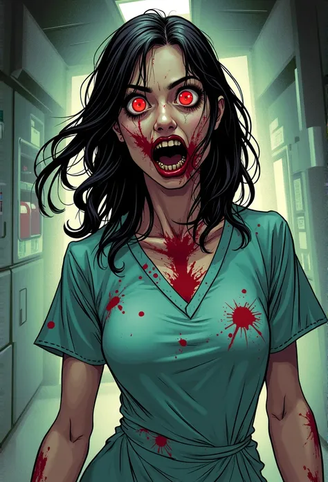  Woman with a crazed expression,  red eyes popped out , , torn medical uniform ,  spattered with blood ,  comic style 