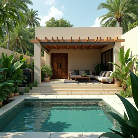 2 hamac, pergola, celosia, pool, swmiming pool, chukum, stuco, jungle, tropical, small, terrace, grill, chill, airbnb, interior design, interior, backyard, plants, landscaping, walls of block, chukum beige, water, private, High Resolution, Accurate, High R...