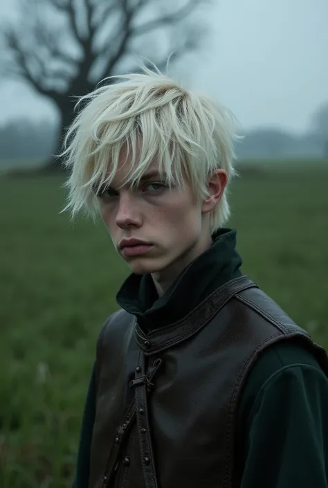  Image of a person with disheveled rebel hair . White haired young man,  with a sad look ,  against the background of a dark green field with a leafless tree on a gray afternoon of faint rain. His clothes torn with medieval tints . 