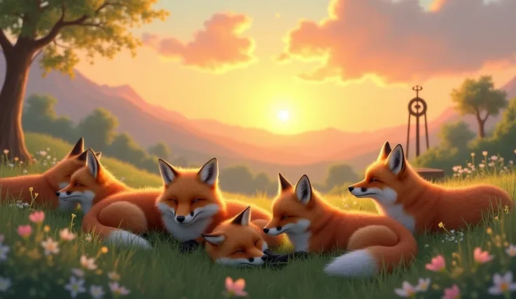 nine realistic foxes resting peacefully in a serene field during sunrise or sunset,  representing a moment of pause and reflection .  The fox is lying ,  with the eyes partially closed ,  relaxed and in harmony with the surrounding environment . The scener...