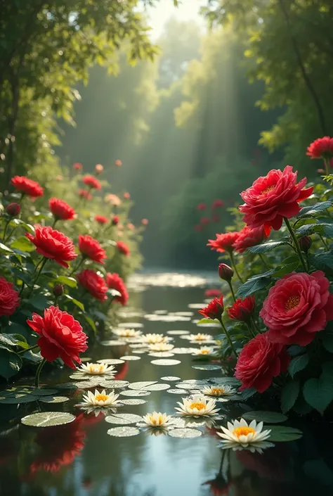 Add few more red roses and water lilies on the garden make everything very detailed and  beautiful 