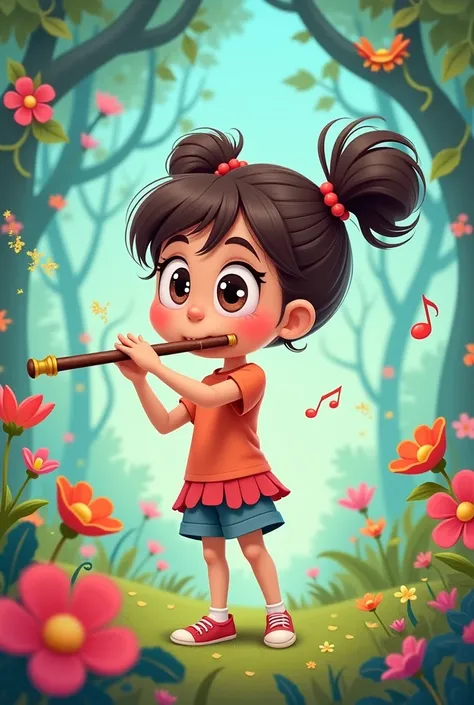 Cartoon mode girl playing the transverse flute