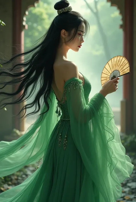 three kingdoms, female, green dress, hand fan, black hair, slight smile