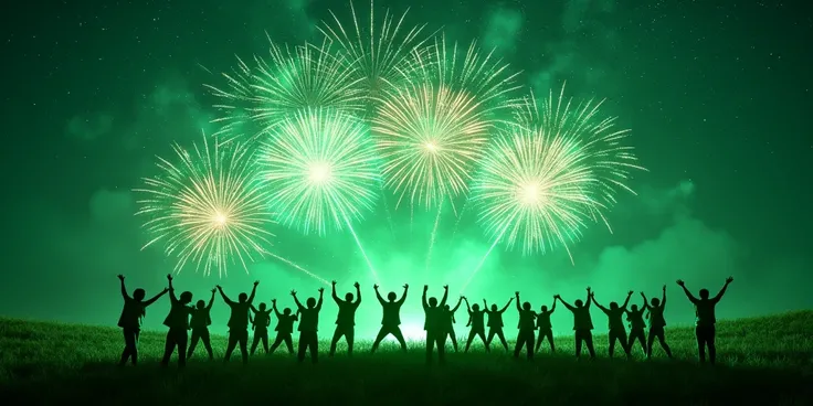 Midnight. New Years Eve. A sky full of green fireworks. No building. 20 hooligans wearing green outfits are celebration on the grassland.