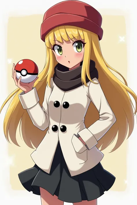  Make a Pokémon ,  of a blond girl wearing a Russian wool hat , con pechos grandes, a white coat with black buttons , AND A BLACK SKIRT, while holding a Pokébola in the hand ,  and look with an angry expression ,  anime-style illustration while having a da...