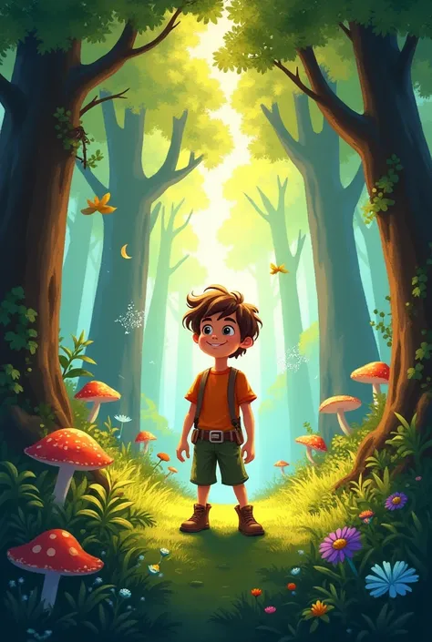 Image Prompt for "The Magic Compass":
Create a vibrant illustration of a young boy named Liam standing in a magical forest clearing. 