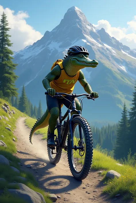 a crocodile equipped as a cyclist on a mountain bike climbing a mountain