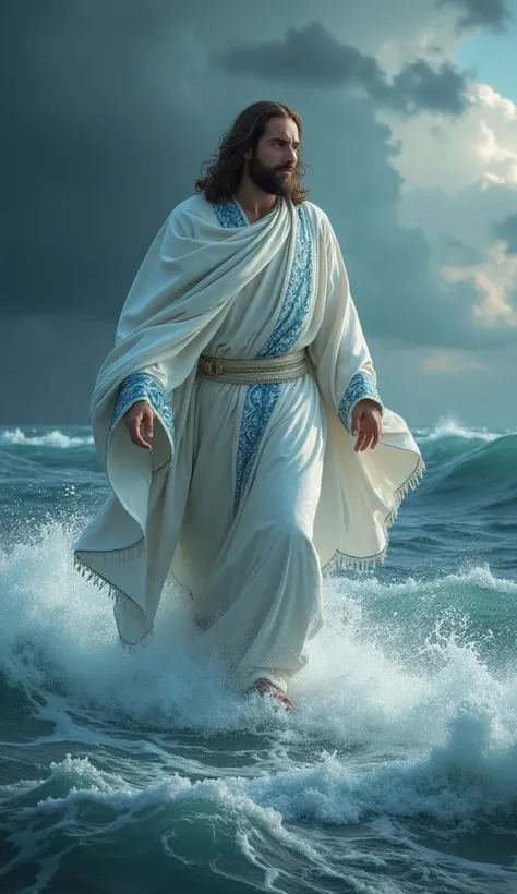 Jesus with a white cloak with blue detail walking on water in a storm 