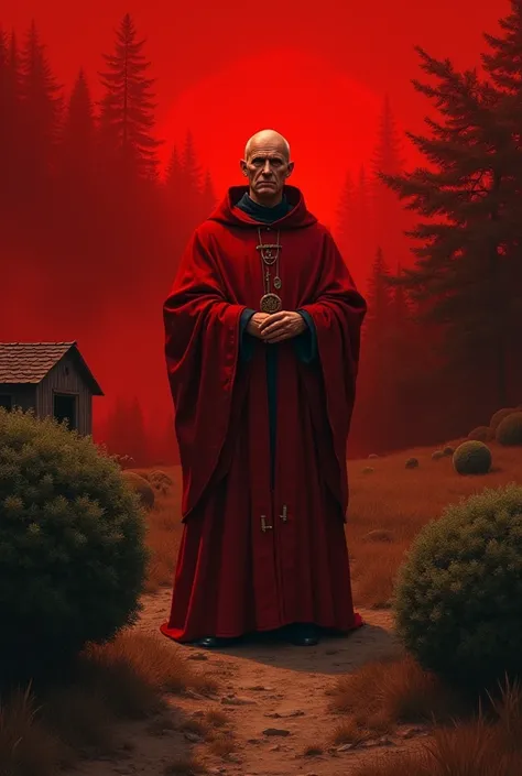 
create an image of the catholic saint saint tomaz de aquino in a very reddish place two bushes a little house in the countryside with a forest in the background half dark reddish weather