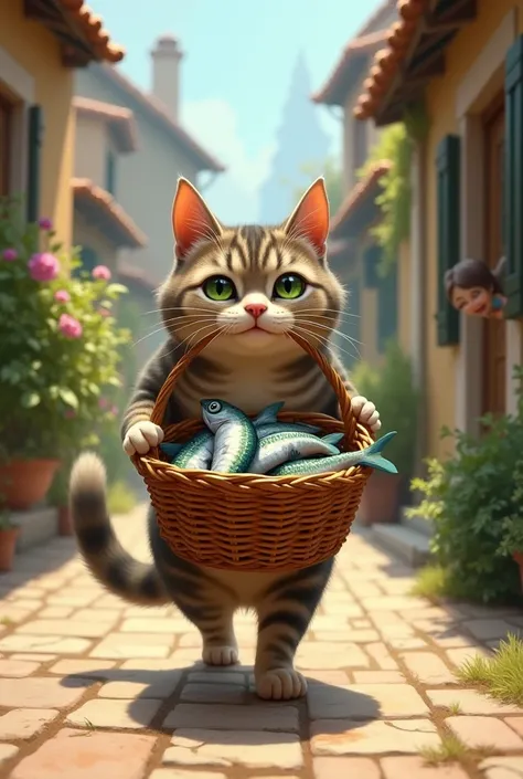    The cat takes the basket containing the fish home and is happy and smiling