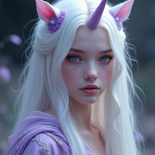 A girl with a unicorn horn, fair skin, long white hair, lilac eyes, dressed in thin purple silk clothes with silver patterns.