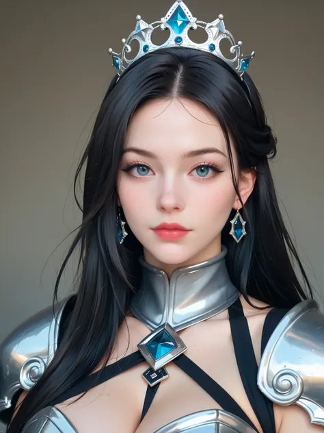 A close-up photo of a beautiful queen with massive cleavage wearing heavy plated armor with crown