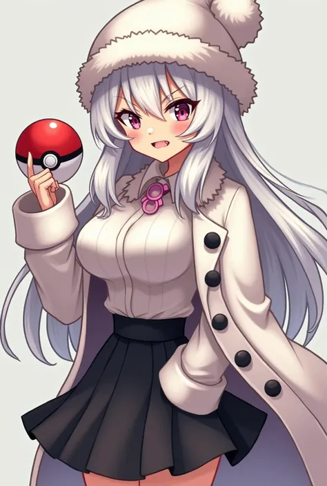  Make a Pokémon ,  of a teenage girl , 20 years old, with white hair, with a Russian wool hat,  big boobs, a white coat with black buttons , AND A BLACK SKIRT, while holding a Pokébola in the hand ,  and look with an angry expression 