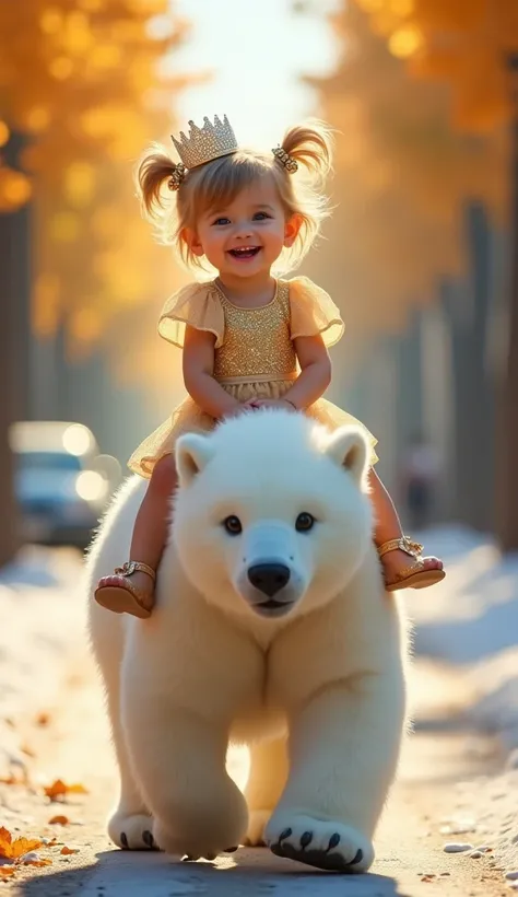 "Create a whimsical scene featuring a cheerful toddler with sparkling eyes, riding on the back of a fluffy white polar bear. The setting is a sunny street lined with trees, creating a warm and inviting atmosphere. The toddler is dressed in a lovely golden ...