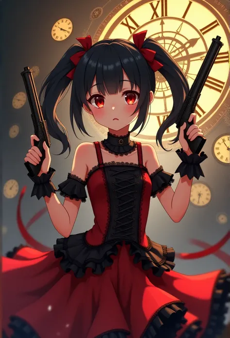 ((fantastic clock world, clock gears:1.6, complex gears, crazy clock, roman numerals clock, giant translucent clock face:1.3)), passing time, (((girl in a gorgeous dress arrogantly looks down on the viewer))), ((holding a musket in his right:1.2, has a mus...