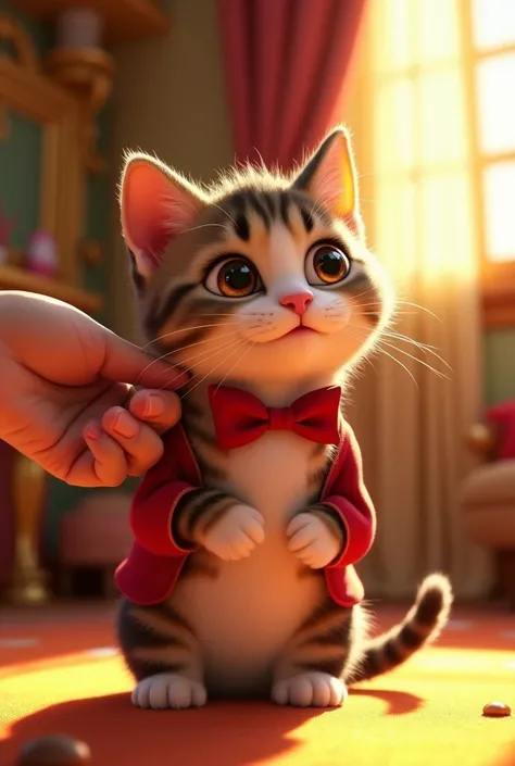 Character: A tabby and white chubby kitten being petted under the chin.
Clothing: Wearing a red bow tie
Setting: A playroom decorated with golden trims as if it were for a prince.
Lighting: Illuminated by natural sunlight streaming through the window
Color...