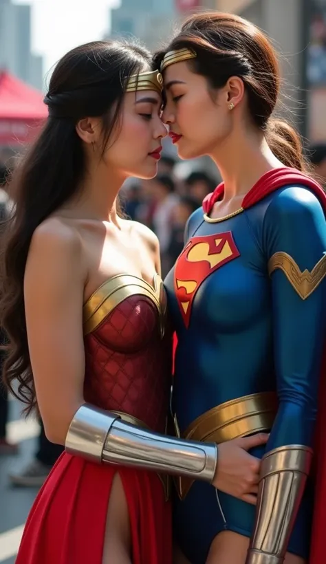 (  Japanese Wonder Woman and Japanese Supergirl。 camera、    はベッドに getting hungry     、The two are intertwined   、 getting hungry  、 long hit )、実写
On the left is  Japanese 、 cute、   wonder woman 。  brown hair、masterpiece、    beautiful girl with high breasts...