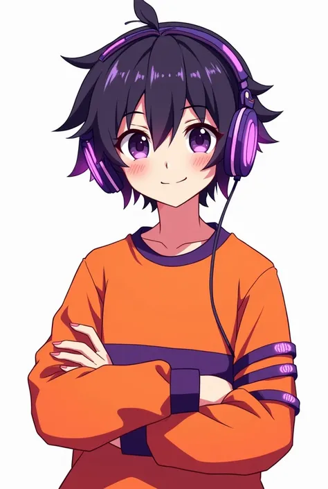 Teenage Boy in orange sweatshirt with purple and black details half body Anime Pngtuber and dark purple hair with black and purple headphones with LED cute cartoon white background