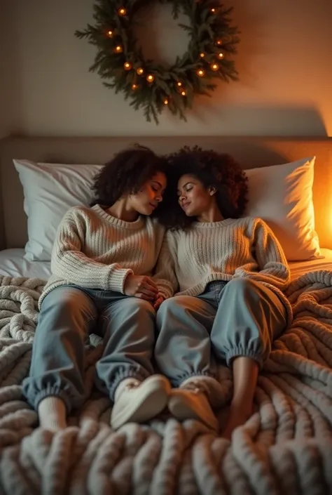 Make an image of The couple is nestled together on a king-sized bed, with soft, fluffy pillows propped up behind them. They’ve spread a thick, knitted blanket over their legs for warmth. The TV is on in front of them, casting a soft glow across the room. T...