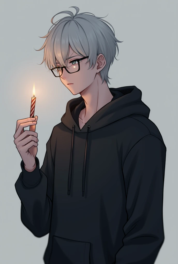 A white-haired male anime figure wearing a black sweater with a long-sleeved hood, long legs, gray eyes, wearing glasses, aged about 20 to 30, holding a birthday candle in his left hand.