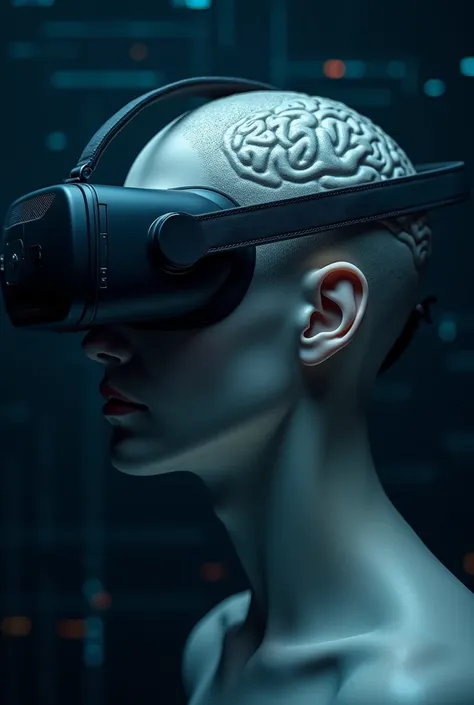 Make a photo of a head of human wearing vr on the side of the picture and put brain and the rest of it empty with dark blue background in technological style 