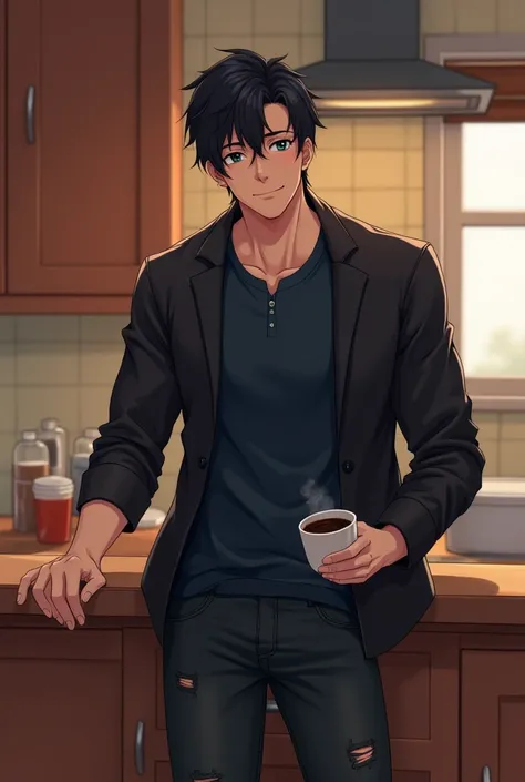 A man with short black hair, black eyes, wearing a dark blue shirt, black jacket, and ripped pants, with warm colors, muscular adult. With his hands on a kitchen counter, smiling, with a cup of coffee in his hands, semi-realistic, redering, anime. 