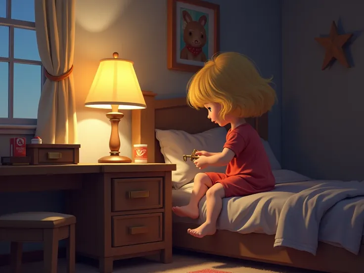 Setting: Katie’s bedroom, evening.  

KATIE turns the key to the light under the desk lamp. She opens drawers and a toy chest as well but is not able to find anything that can fit in it.  Katie is a  blonde