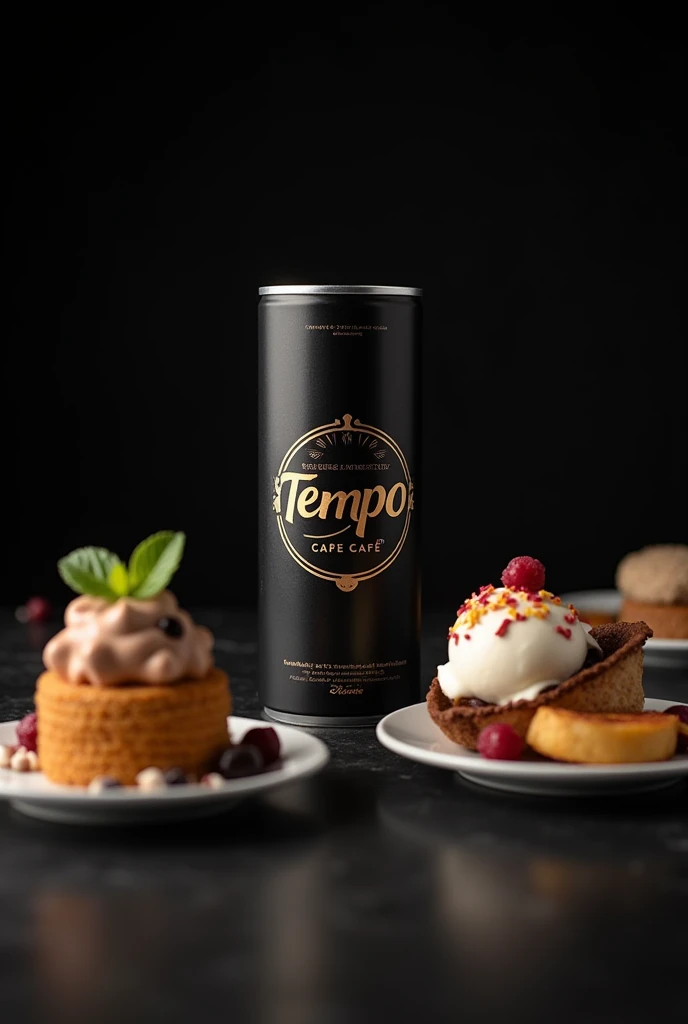 Realistic Commercial photo for can  brand name“ tempo cafe “  black background for menu design And desserts beside the can