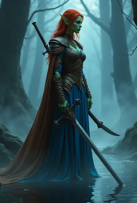 elf, Princess, Warrior, blue dress, brown armor ,  brown cape ,  red hair, green skin, standing in water, one sword, night, fog