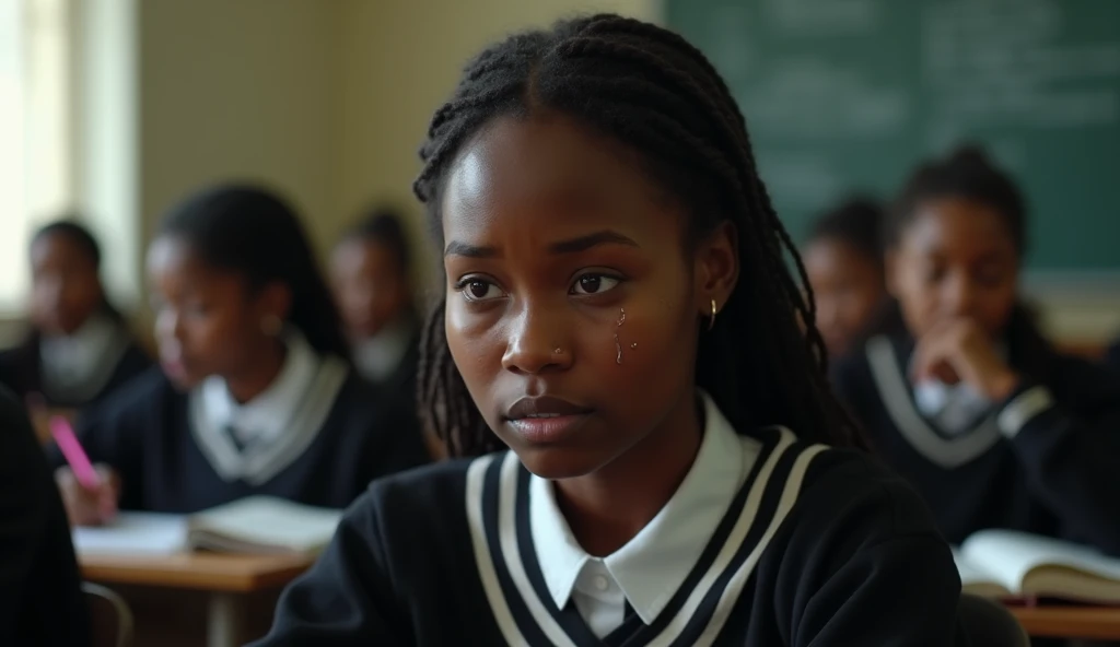 A Nigerian black beautiful 18 years old lady wearing a black and white school uniform being falsely accused of exam malpractice and she is crying 