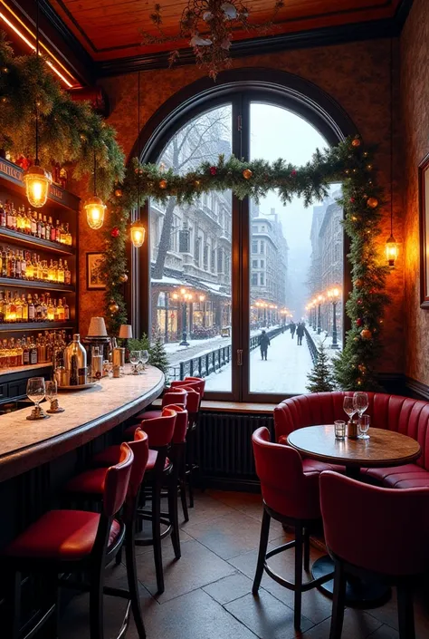  Create a 30 x 40 image oriented vertically ,  of a comfortable and warm bar during the Christmas period.  This is richly decorated and vivid .  From the frame you can see a realistic snowy cityscape . Enrich it with numerous details  
